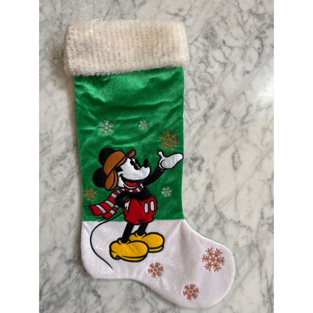 Disney Mickey Mouse Green Velvet Christmas Stocking Faux Fur Gold Tinsel 18in
